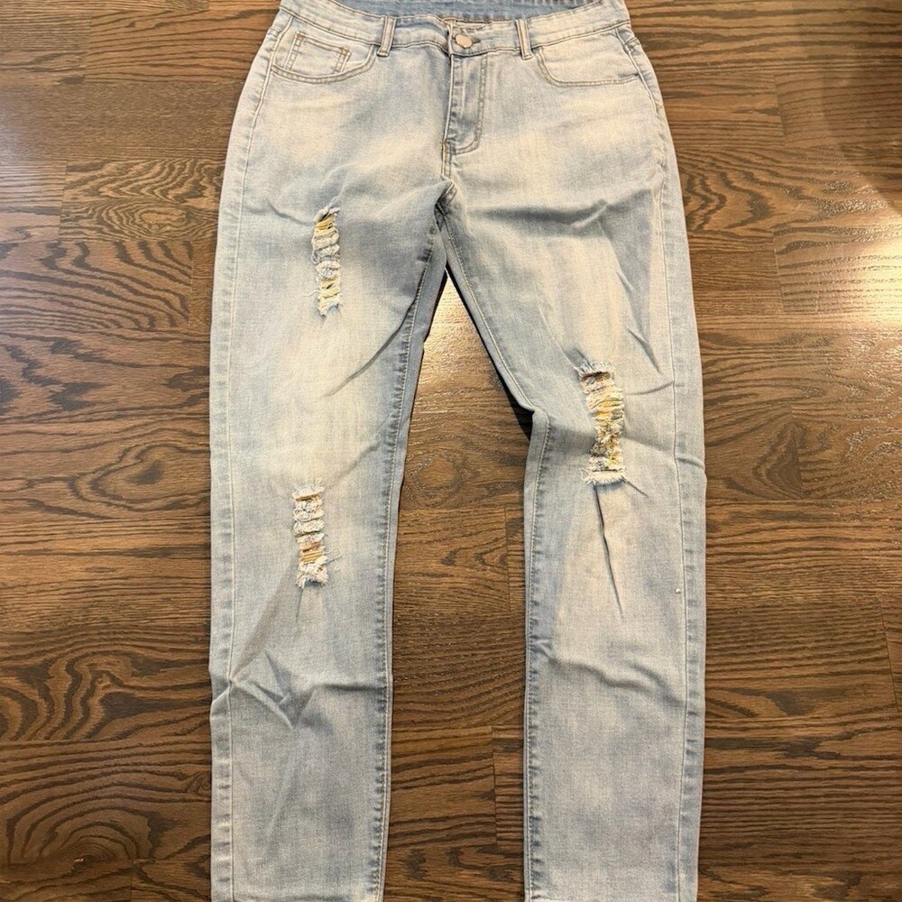 LONGBIDA Jeans Womens Size 32 Light Wash Distressed Ripped Skinny